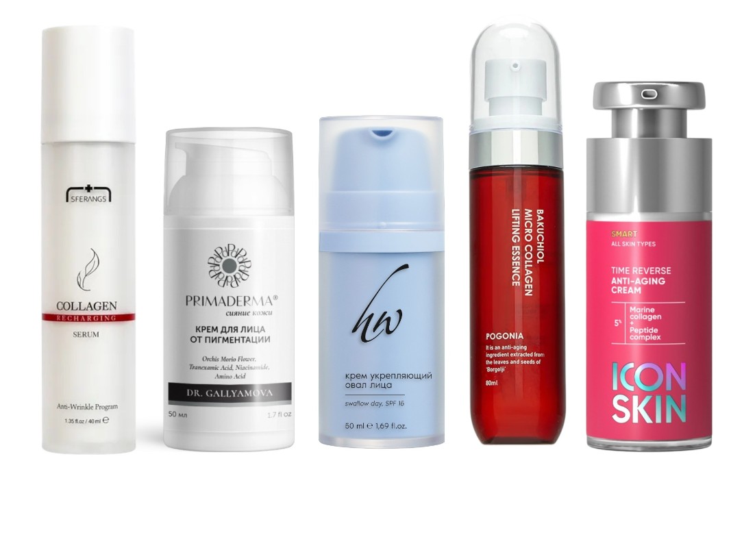 Фото: архивы пресс-служб. Восстанавливающая сыворотка с коллагеном Collagen Recharging Serum, Sferangs; Крем для лица от пигментации, Primaderma; Крем, укрепляющий овал лица HW, Premium; Омолаживающая эссенция для лица Bakuchiol Micro Collagen, POGONIA; Крем для лица антивозрастной c пептидами, Icon Skin 