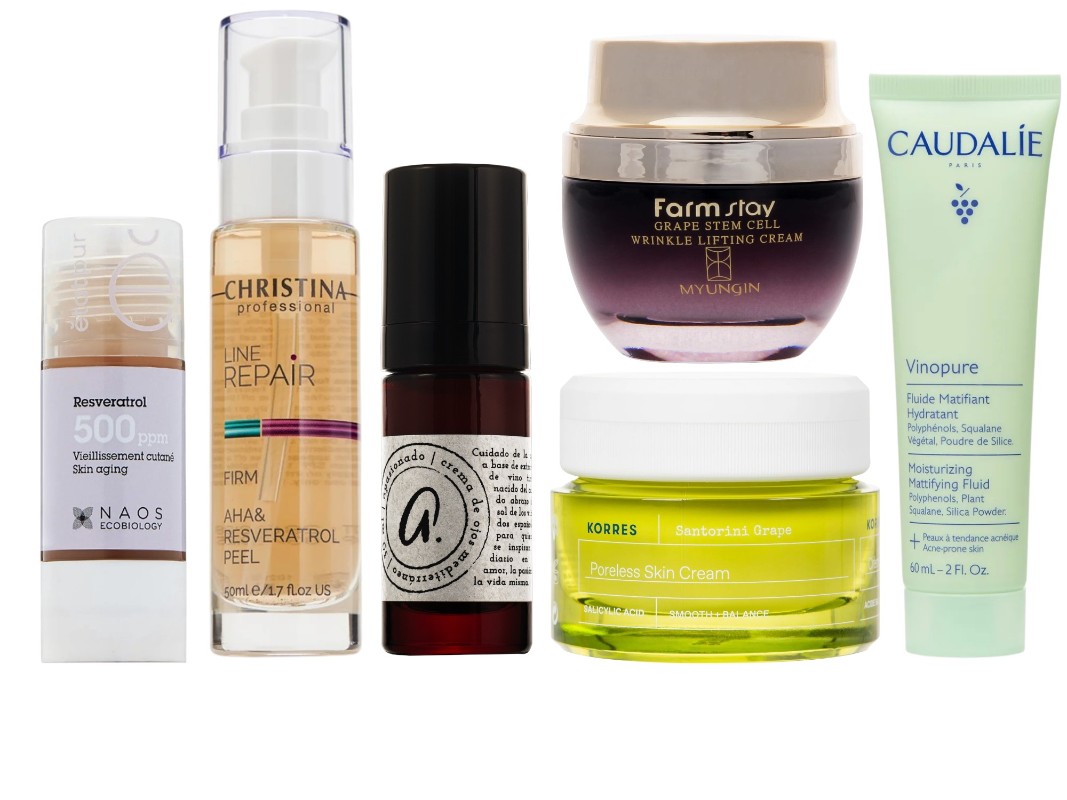 Фото: архивы пресс-служб. Сыворотка для лица Resveratrol, Etat Pur; Кислотный пилинг Aha & Resveratrol Peel, Christina; Крем для век с винным экстрактом, Apasionado; Увлажняющий крем с экстрактом винограда и салициловой кислотой Grape Stem Cell Wrinkle Lifting Cream, FarmStay; Лифтинг-крем для лица с маслом виноградных косточек Santorini Grape Poreless Skin Cream, Korres; Матирующий флюид для лица Vinopure, Caudalie 