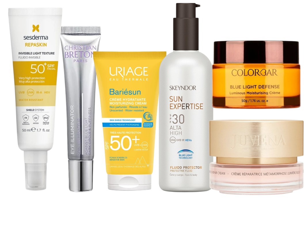 Фото: архивы пресс-служб. Средство солнцезащитное для лица REPASKIN с SPF50 и HEV-фильтром, Sesderma; Крем-экран для лица для защиты кожи от синего света экранов Eye Illuminator, CHRISTIAN BRETON; Крем солнцезащитный Bariesun spf 50+ c HEV-фильтром, URIAGE; Защитный флюид от синего света Blue Light SPF30, SKEYNDOR; Увлажняющий крем для лица с защитой от синего света Blue Light Defense, Colorbar; Крем для защиты от голубого света Blue Light, JUVENA