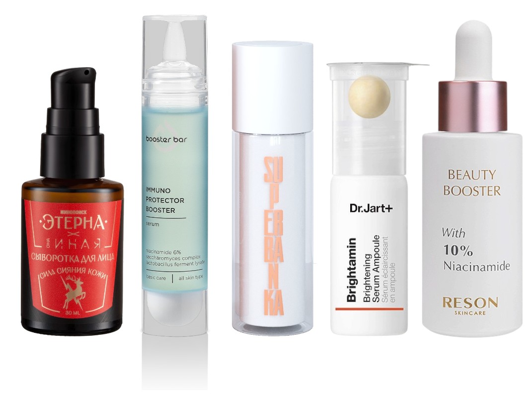 Фото: архивы пресс-служб. Сыворотка для лица сила сияния кожи, отбеливающая Она Иная х Этерна; Бустер-сыворотка для защиты кожи IMMUNO PROTECTOR, Booster Bar; Сыворотка LITTLE MISS SUNSHINE с витамином С и трипептидом меди, SUPERBANKA; Ампульная сыворотка с ниацинамидом и витамином С Brightamin, DR. JART+; Сыворотка с 10% Ниацинамида Beauty Booster, RESON