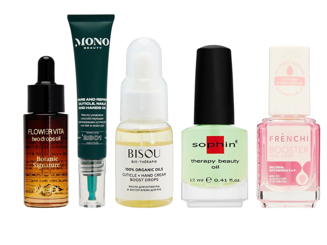 Фото: архивы пресс-служб. Масло для кутикулы "Травяное" Two Drops Oil Botanic Signature, BANDI; Масло для кутикулы, ногтей и кожи рук Care And Repair, Mono beauty; Масло для кутикулы и бустер крема для рук Cuticle Oil and Booster, Bisou; Масло для ногтей и кутикулы Therapy beauty oil, Sophin; Масло для кутикулы Raspberry Extract, FRENCHI
