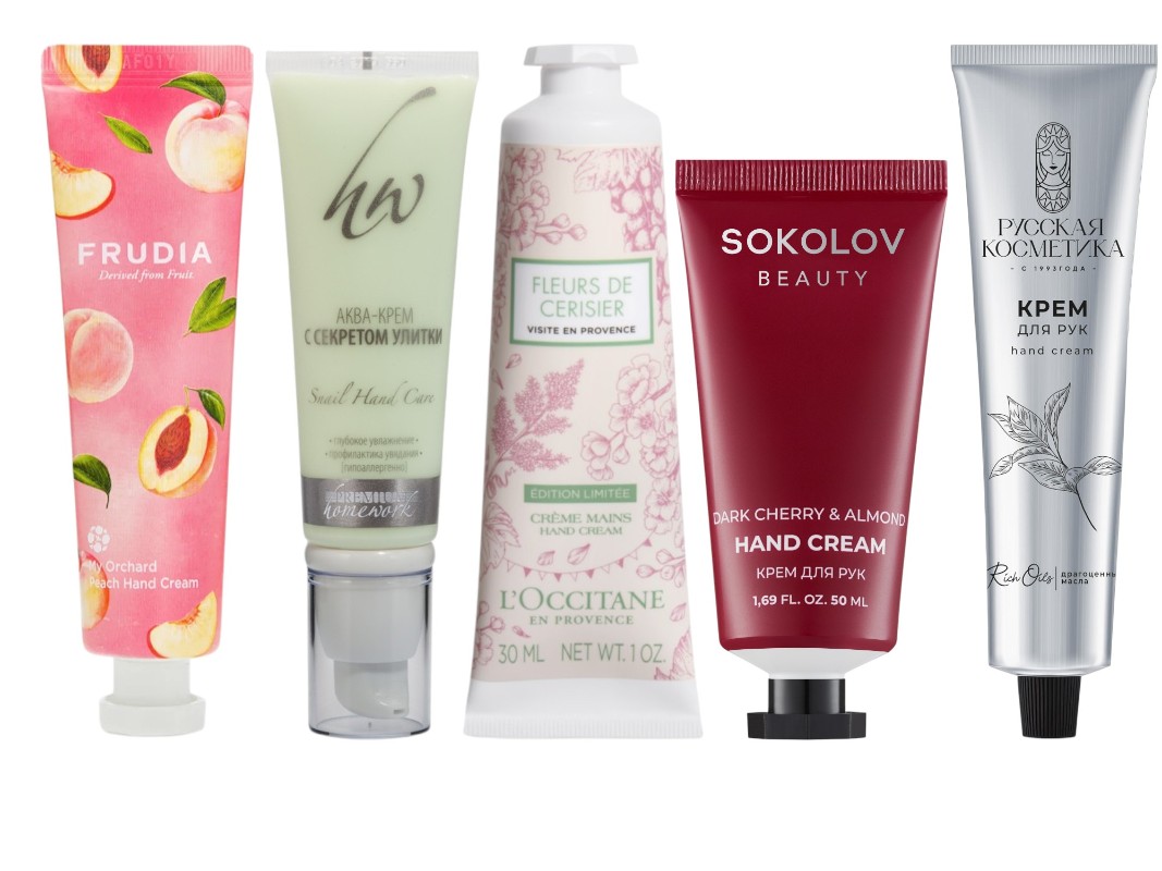 Фото: архивы пресс-служб. Крем для рук Squeeze Therapy Peach, Frudia; Аква-крем для рук с секретом улитки, PREMIUM Homework; Крем для рук Вишневый Цвет в Провансе, L'Occitane; Крем для рук DARK CHERRY & ALMOND 50 мл, SOKOLOV BEAUTY; Крем для рук Питание и восстановление, Русская Косметика