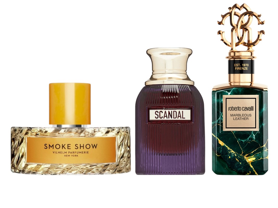 Фото: архивы пресс-служб. Парфюмерная вода Smoke Show, Vilhelm Parfumerie; Парфюмерная вода Scandal Intense, JEAN PAUL GAULTIER; Аромат Marbleous Leather, ROBERTO CAVALLI