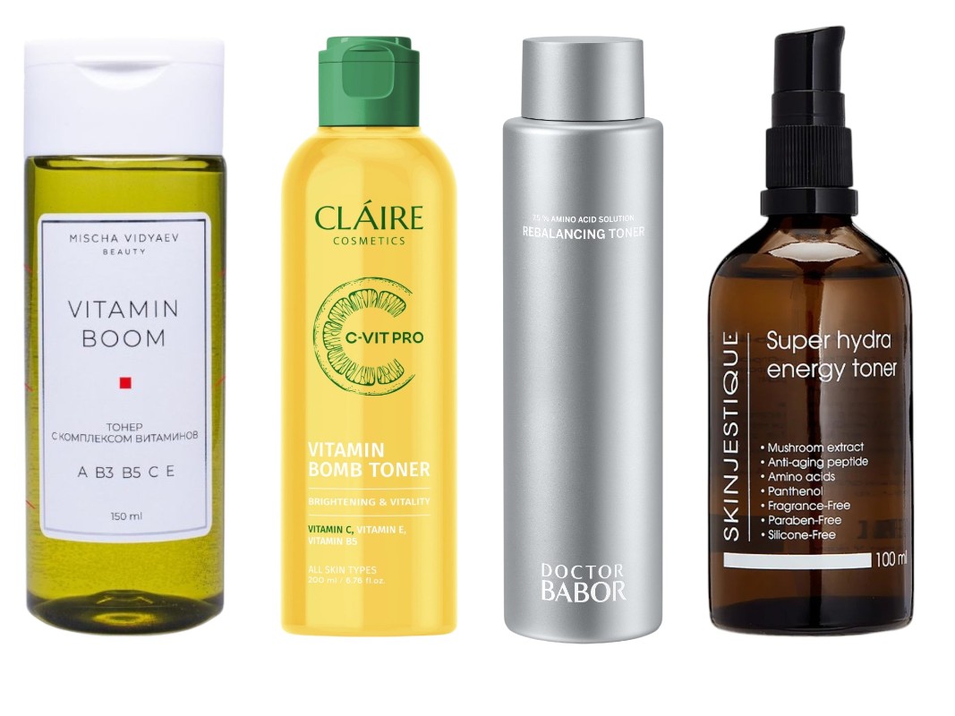 Фото: архивы пресс-служб. Увлажняющий тонер с витаминным комплексом VITAMIN BOOM, Mischa Vidyaev; Мультивитаминный тонер VITAMIN BOMB C-VIT, Claire; Регенерирующий и балансирующий тоник Rebalancing Toner, Babor; Увлажняющий витаминный тонер для лица и тела, Skinjestique 
