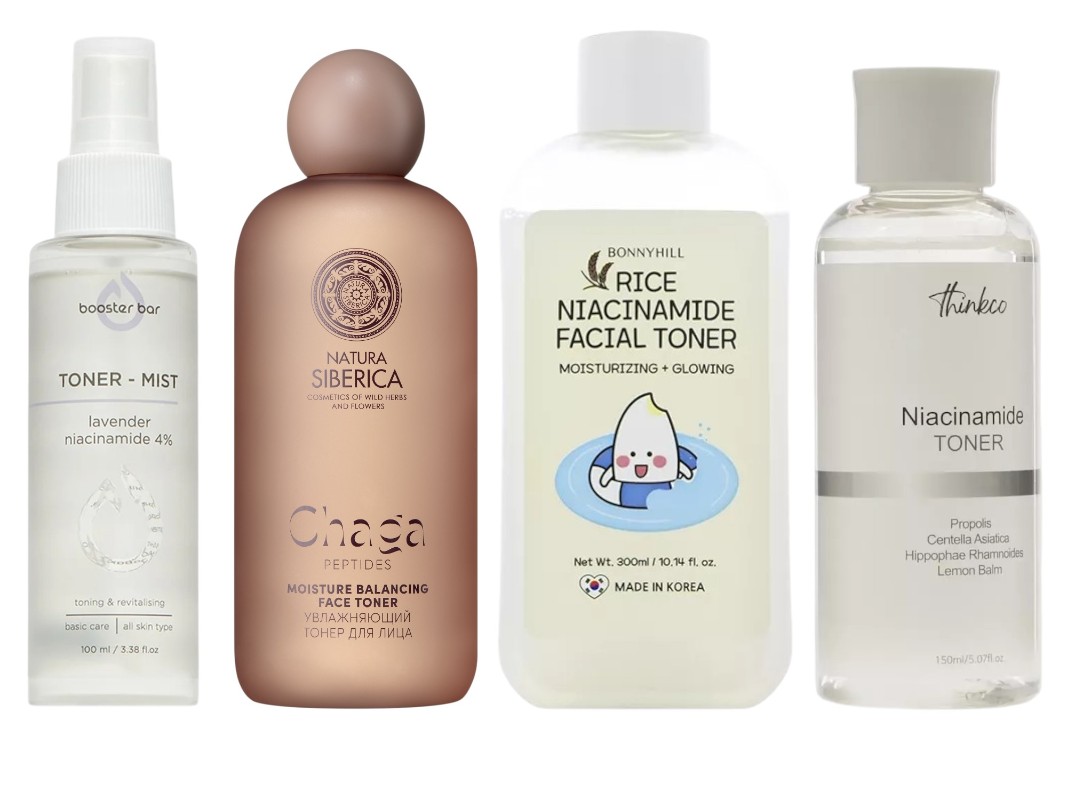 Фото: архивы пресс-служб. Тонер-мист с лавандой и ниацинамидом, Booster Bar; Увлажняющий тонер для лица с ниацинамидом Chaga Peptides, Natura Siberica; Тоник для лица Rice Niacinamide, Bonnyhill; Тонер с ниацинамидом для улучшения тона кожи, thinkco