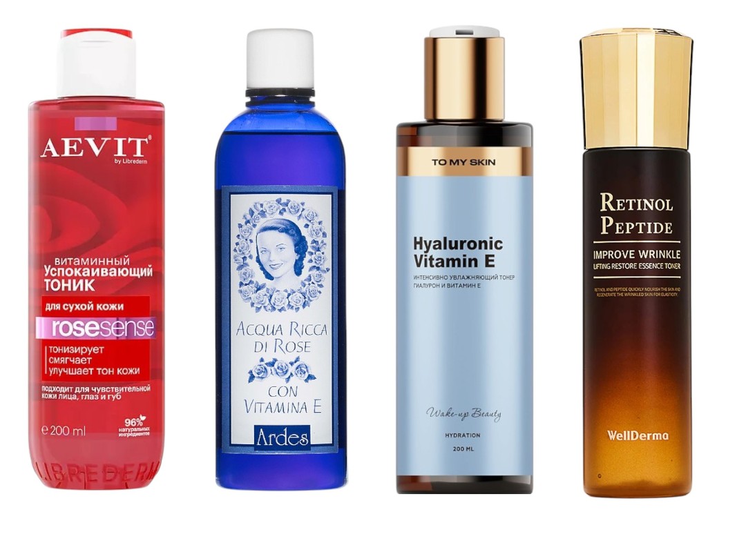 Фото: архивы пресс-служб. Тоник успокаивающий витаминный для тусклой и сухой кожи Rosesense, AEVIT BY LIBREDERM;  ARDESТоник розовая вода с витамином Е, Acqua Ricca di Rose; Увлажняющий тонер для лица с витамином Е, TO MY SKIN; Омолаживающая тонизирующая эссенция для лица с ретинолом, WellDerma 