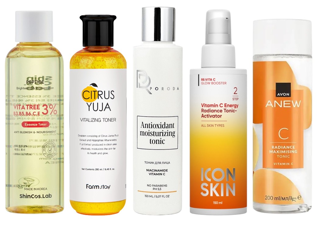 Фото: архивы пресс-служб. Тонер-эссенция с витаминным комплексом 3%, SHINCOS LAB; Тонер для лица освежающий с экстрактом юдзу Citrus Yuja Vitalizing Toner, FARMSTAY; Антиоксидантный тоник для лица, Poroda; Тоник-активатор Vitamin C Energy, Icon Skin; Тоник для лица &#34;Максимальное сияние&#34;, Anew Avon 