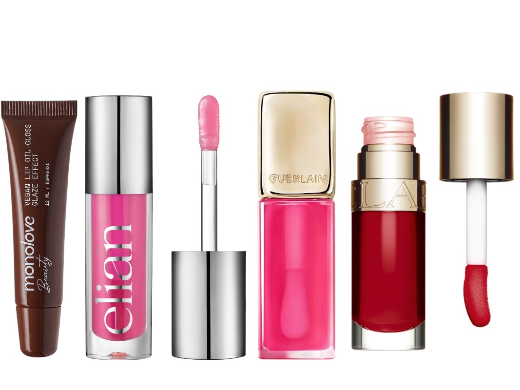 Фото: архивы пресс-служб. Масло-блеск для губ VEGAN GLAZE EFFECT ESPRESSO, monolove; Масло для губ Lip Oil, Elian; Масло для губ Kisskiss Bee Glow Oil, 458 Насыщенный розовый, Guerlain; Масло-блеск для губ Lip Comfort Oil, 10 Plum, Clarins