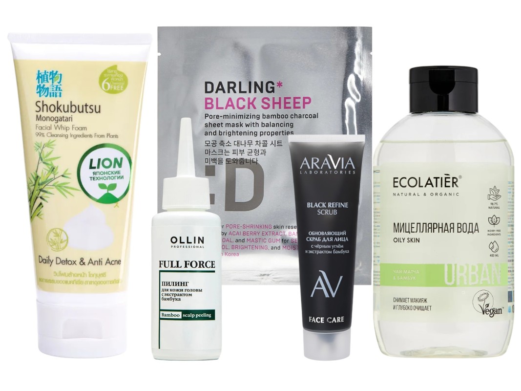 Фото: архивы пресс-служб. Пенка-детокс для умывания Shokubutsu с бамбуком, LION; Пилинг для кожи головы FULL FORCE with bamboo extract, Ollin Professional; Мягкая тканевая балансирующая маска с бамбуковым углем, сужающая и очищающая поры Black Sheep, DARLING*; Скраб для лица с углем BLACK REFINE, Aravia Laboratories; Мицеллярная вода для снятия макияжа Matcha tea & Bamboo, ECOLATIER