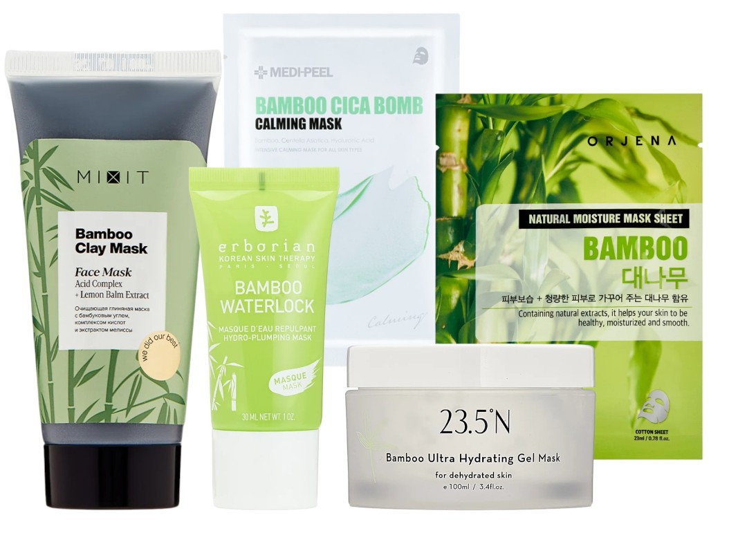 Фото: архивы пресс-служб. Очищающая глиняная маска с бамбуковым углем Bamboo Clay Mask, Mixit; Увлажняющая маска Bamboo Waterlock, Erborian; Успокаивающая маска Bamboo Cica Bomb, Medi-Peel; Ультраувлажняющая гель-маска с бамбуком, 23.5°N; Увлажняющая тканевая маска Bamboo, Orjena