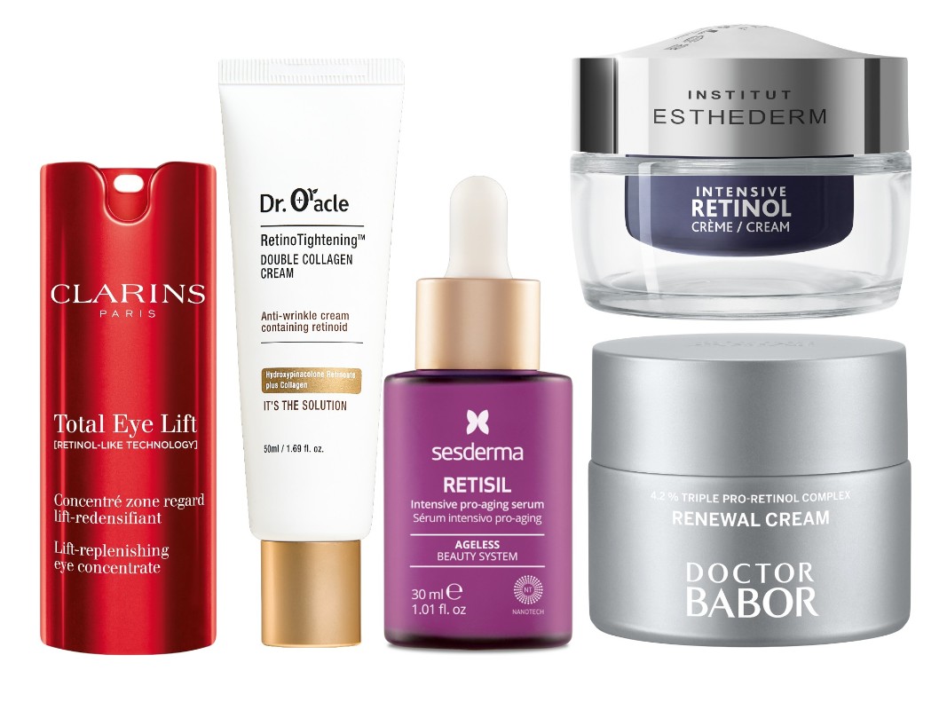 Фото: архивы пресс-служб. Лифтинг-концентрат для кожи вокруг глаз с восстанавливающим действием Total Eye Lift, Clarins; Лифтинг-крем для упругости кожи RetinoTightening, Dr. Oracle; Сыворотка pro-aging интенсивного действия RETISIL, Sesderma; Крем Intensive Retinol, Institut Esthederm; Крем для обновления кожи, DOCTOR BABOR