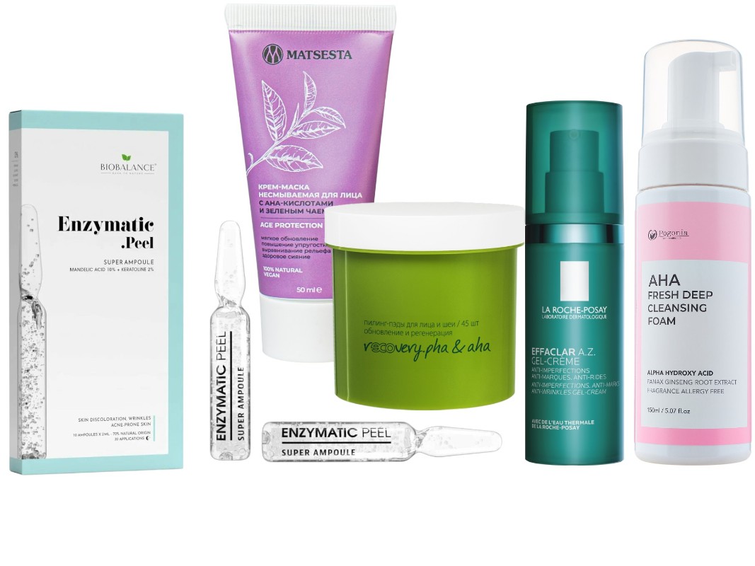 Фото: архивы пресс-служб. Ампулы с миндальной кислотой 10% и кератолином 2%, BIOBALANCE; Крем-маска несмываемая для лица с AHA-кислотами, Matsesta; Пилинг-пэды для лица и шеи обновление и регенерация rECOvery.pha&aha, rECOvery; Гель-крем для проблемной кожи с Азелаиновой кислотой 10% EFFACLAR A.Z., La Roche-Posay; Пенка для умывания AHA Fresh Cleansing Foam с AHA-кислотами и натуральными экстрактами, Pogonia 