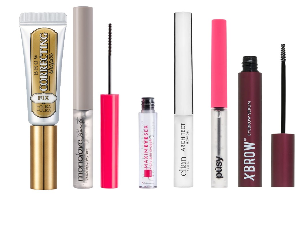 Фото: архивы пресс-службы. Прозрачный гель для укладки и фиксации бровей Brow Correcting Shadow Shaper, Holika Holika; Прозрачный гель-фиксатор для бровей, monolove; Гель для бровей Maximeyeser, Avon; Прозрачный гель для бровей Architect brow gel, ELIAN RUSSIA; Гель для бровей Super fix brow gel, PUSY; Сыворотка для бровей Eyebrow Growth Serum, XLASH cosmetics