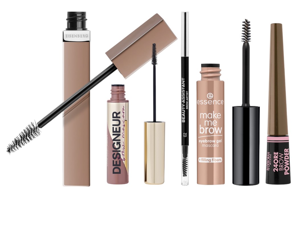 Фото: архивы пресс-служб. Тушь для бровей & Основа под тушь для ресниц Mascara Définition, Eisenberg; Тушь для бровей DESIGNEUR, Vivienne Sabo; Карандаш для бровей Brow Artist, BEAUTY ASSISTANT; Гелевая тушь для бровей Make me brow gel mascara, essence; Пудра для бровей 24ORE, DEBORAH MILANO