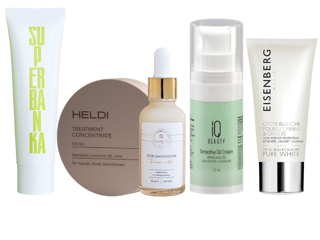 Фото: архивы пресс-служб. Антивозрастной крем для рук с пептидами I WANT TO HOLD YOUR HAND, SUPERBANKA; Крем воск с мочевиной, HELDI; Сыворотка от онихолизиса STOP ONYCHOLYSIS, SEA ROSE; Крем-масло для ногтей и кутикулы Smoothie Oil Cream Aloe & Mint, Aloe & Mint, IQ BEAUTY; Крем для рук и ногтей Pure White, EISENBERG