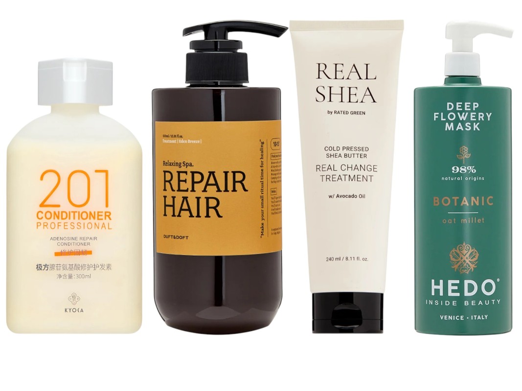 Фото: архивы пресс-служб. Кондиционер для волос MULTI-CARE, Kyoca; Восстанавливающий бальзам для волос Eden breeze, DUFT & DOFT; Питательная маска для волос с маслом ши Cold Pressed Shea Butter Real Change Treatment, RATED GREEN; Маска для волос Hedo Deep flowery 