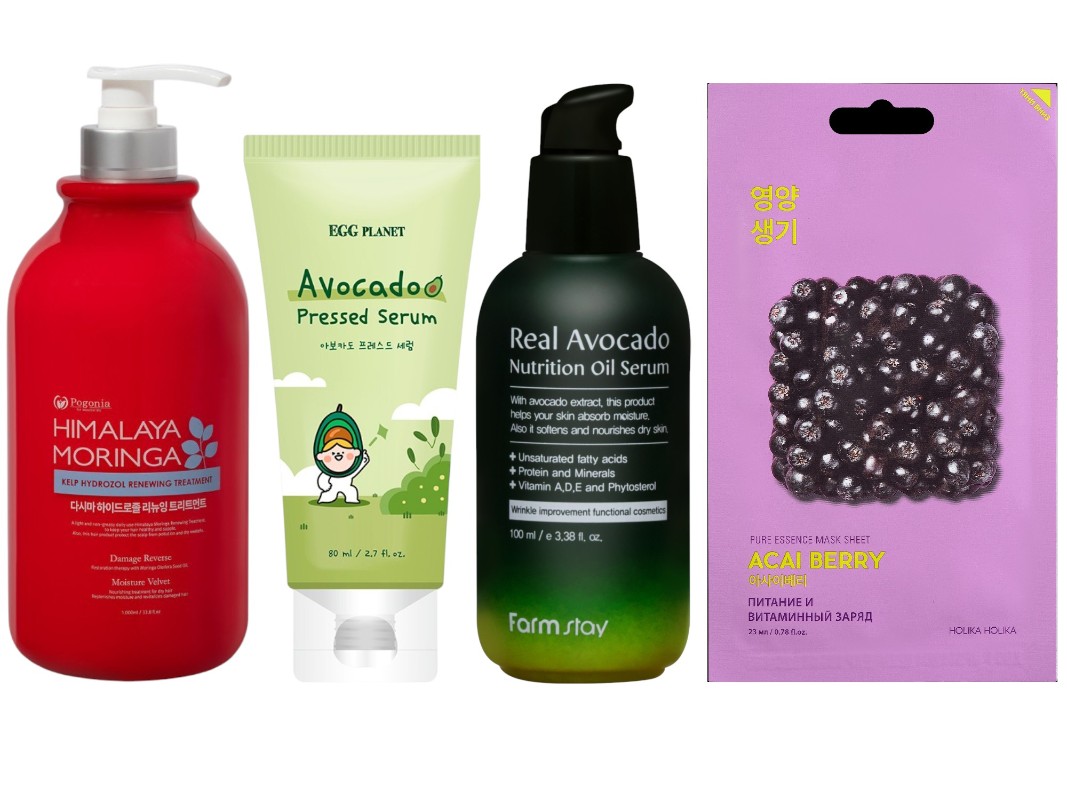 Фото: архивы пресс-служб. Восстанавливающий кондиционер с маслом моринги Himalaya Moringa, Pogonia; Крем-сыворотка для лица с маслом авокадо, EGG PLANET; Питательная сыворотка для лица с маслом авокадо Real Avocado Nutrition Oil Serum, Farmstay; Маска для сияния лица Asai Berry, Holika Holika