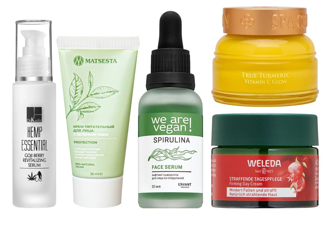 Фото: архивы пресс-служб. Ревитализирующая сыворотка с ягодами Годжи, Dr. Kadir; Крем питательный для лица с зеленым чаем, Matsesta; Лифтинг-сыворотка для лица со спирулиной We Are Vegan!, Lavant Laboratory; Дневной крем для лица с куркумой, SPA CEYLON TRUE TURMERIC; дневной крем-лифтинг для лица Pomegranate & Maca Peptides Firming, Weleda