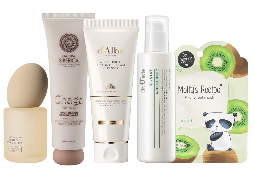 Фото: архивы пресс-служб. Увлажняющая сыворотка 2 в 1 с экстрактом гриба Чага, Bhab; Мультивосстановливающая маска для лица Multi Repair Rescue Mask, Chaga Peptides, Natura Siberica; Гидрофильное масло+пенка для двойного очищения White Truffle Return Oil Cream Cleanser, d'Alba; Антиоксидантный тоник для лица с зеленым чаем 21 STAY, Dr. Oracle; Тканевая маска &#34;Рецепты Молли. Киви&#34; Molly`s Recipe, Dear Molly 