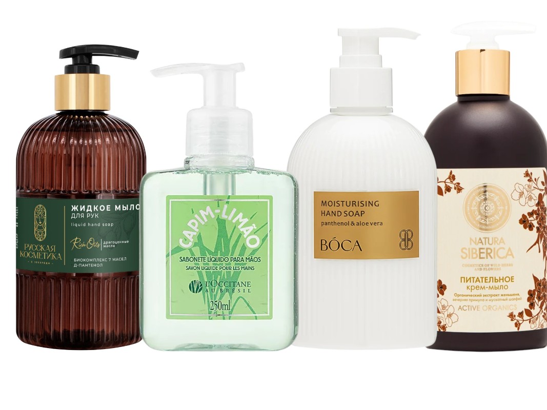 Фото: архивы пресс-служб. Жидкое мыло для рук с биокомплексом &#34;7 масел&#34;, Русская Косметика; Жидкое мыло для рук Лемонграсс, L'OCCITANE AU BRESIL; Увлажняющее крем-мыло для рук One and only, BOCA AROMA; Крем-мыло Питательное, Natura Siberica 