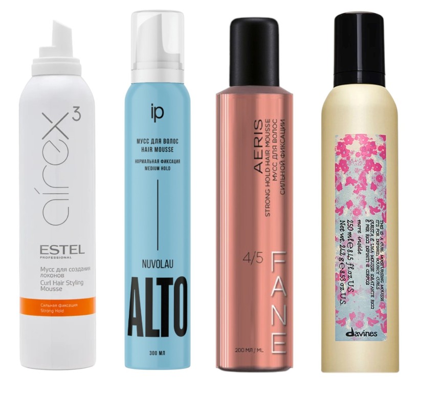 Фото: архивы пресс-служб. Мусс для волос сильной фиксации AIREX for curls, ESTEL; Мусс для волос средней фиксации ALTO NUVOLAU, Impression Professional; Мусс для волос сильной фиксации AERIS, FANE; Увлажняющий мусс для упругих четко очерченных локонов More Inside Curl Mosturizing Mousse, Davines 