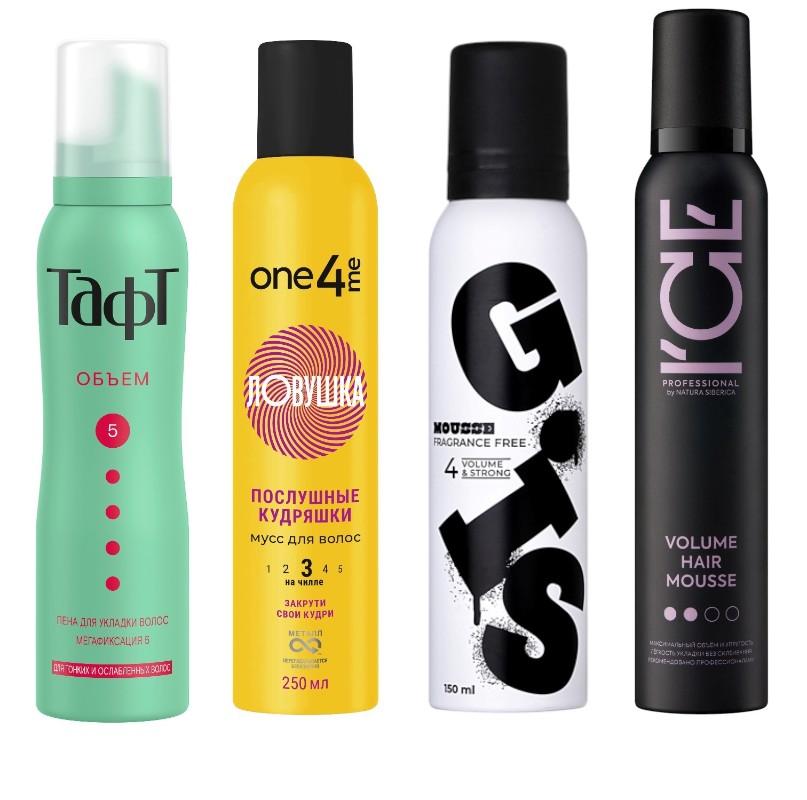 Фото: архивы пресс-служб. Пена для укладки волос Объем, мегафиксация, ТАФТ; Мусс для волос Ловушка послушные кудряшки, One4me; Мусс для волос объем и сильная фиксация (без отдушки), GIS; Мусс для объема волос Ice Professional by by Natura Siberica