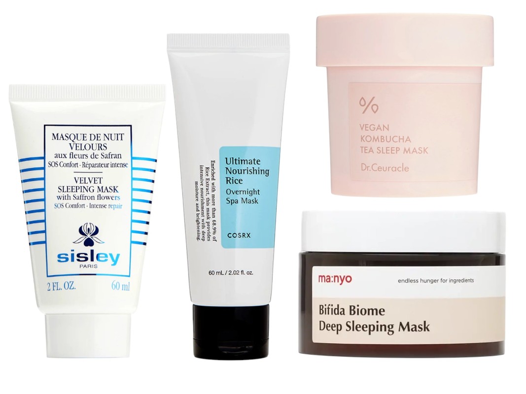 Фото: архивы пресс-служб. Ночная маска с шафраном Velvet Sleeping Mask, Sisley; Питательная ночная маска Ultimate Nourishing Rice Overnight Spa Mask, COSRX; Веганская ночная маска для лица Vegan Kombucha Tea Sleep Mask, Dr. Ceuracle; Ночная маска для лица Bifida Biome Deep Sleeping Mask, Ma:nyo