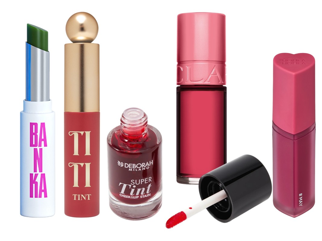 Фото: архивы пресс-служб. Увлажняющая помада-тинт FANTOMAZ, SUPERBANKA; Тинт для губ Tititint, Vivienne Sabo; Тинт для щек и губ Super tint, Deborah Milano; Пигмент для губ Water Lip Stain, Clarins; Блеск-тинт для губ Heart crush glow tint air, Holika Holika