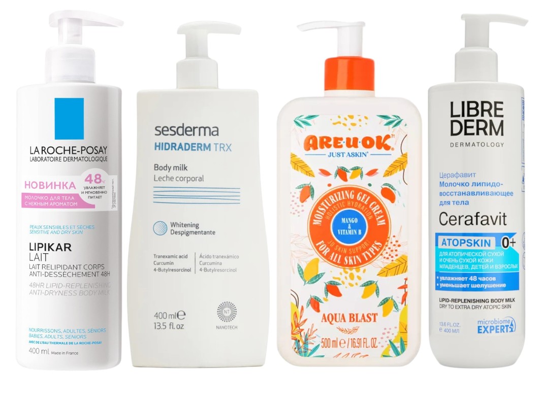 Фото: архивы пресс-служб. Молочко для тела с нежным ароматом LIPIKAR LAIT, La Roche-Posay; Молочко увлажняющее для тела Hidraderm trx, Sesderma; Увлажняющий крем-гель Манго и витамин В, Are U Ok; Молочко для тела Cerafavit ceramides and prebiotic, Librederm