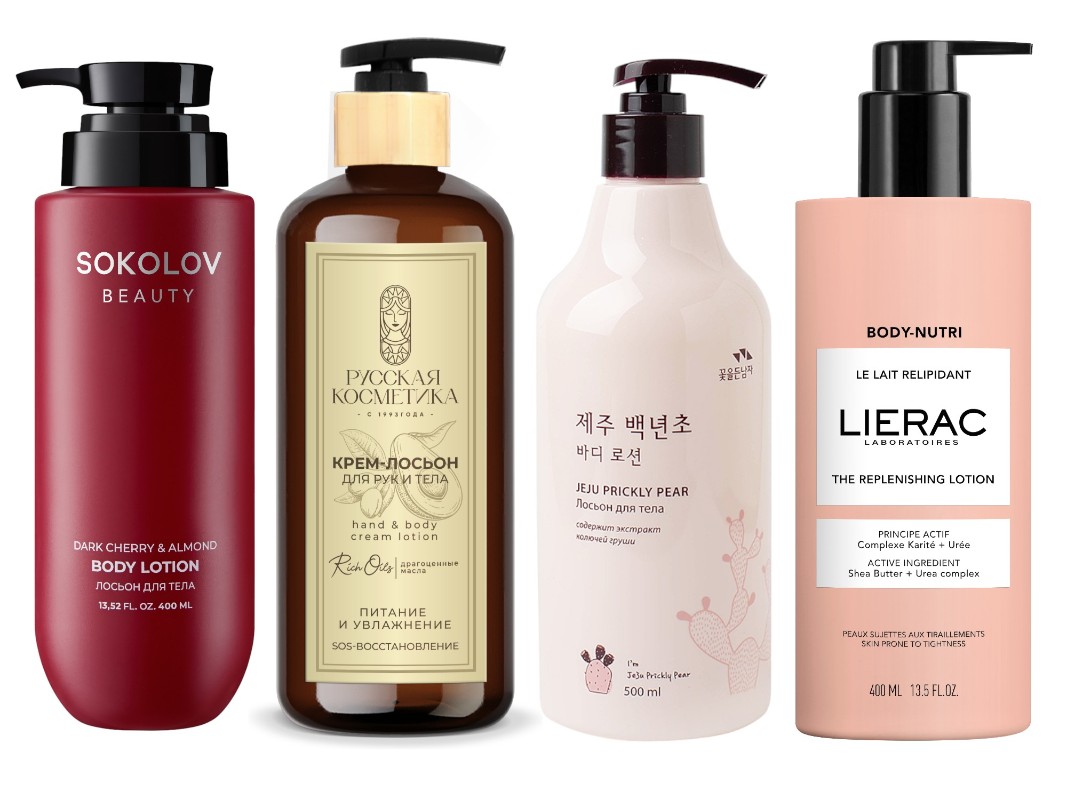 Фото: архивы пресс-служб. Лосьон для тела DARK CHERRY & ALMOND, SOKOLOV BEAUTY; Крем-лосьон для рук и тела &#34;ПИТАНИЕ И УВЛАЖНЕНИЕ&#34;, Русская Косметика; Лосьон для тела с экстрактом груши, Jeju Prickly Pear; Питательный лосьон для тела с мочевиной и ниацинамидом Body-Nutri The Replenishing Lotion, Lierac 