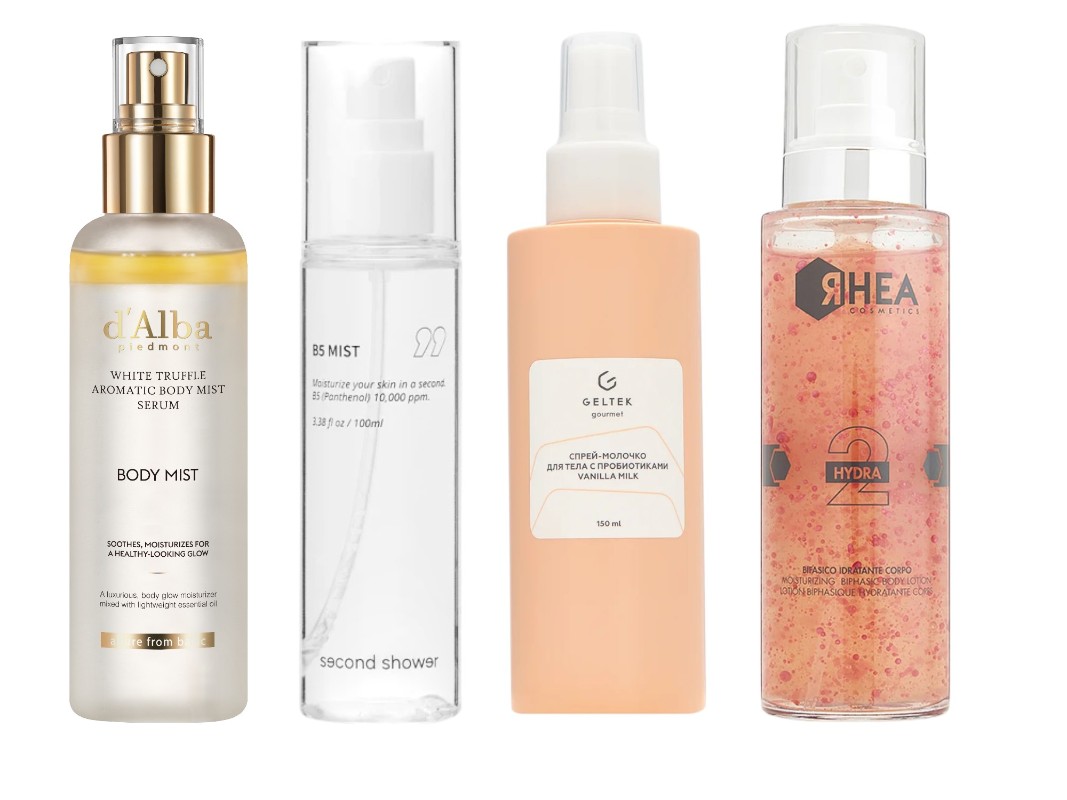 Фото: архивы пресс-служб. Спрей-сыворотка для тела White Truffle Aromatic Body Mist Serum, d'Alba; Тонизирующий мист для лица и тела с пантенолом B5 Mist, Second Shower; Спрей-молочко для тела Vanilla Milk Probiotic, Geltek; Увлажняющий спрей для тела Rhea 2Hydra