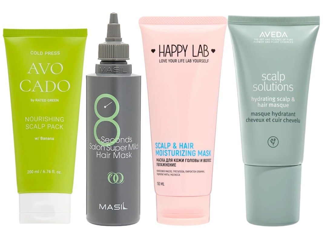 Фото: архивы пресс-служб. Питательная маска для кожи головы с маслом авокадо Cold Pressed Avocado, RATED GREEN; Экспресс-маска для кожи головы и волос 8 Seconds Salon Super Mild, Masil; Увлажняющая маска для кожи головы и волос, Happy Lab; Маска для кожи головы успокаивающая Scalp Solutions Hydrating, Aveda