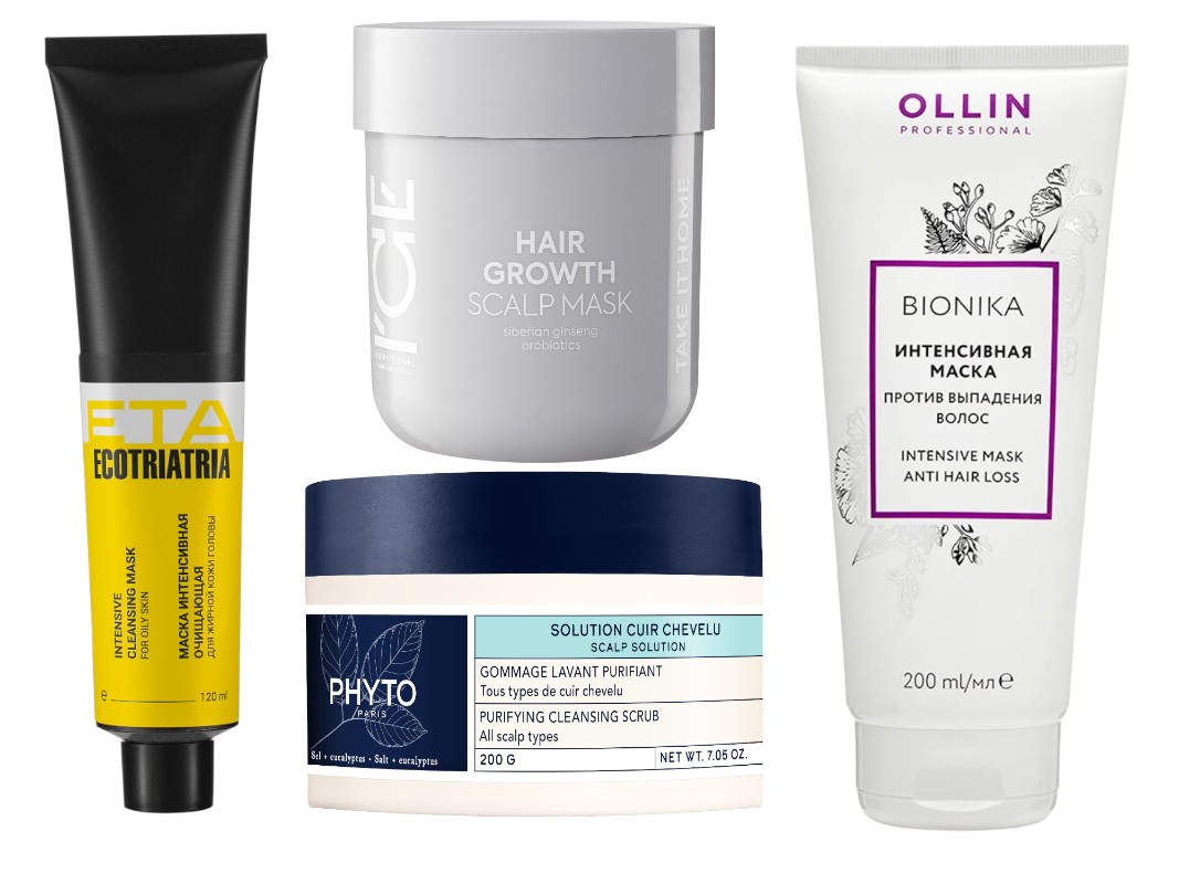 Фото: архивы пресс-служб. Маска интенсивная очищающая для жирной кожи головы ETA, ECOTRIATRIA; Маска для кожи головы Hair Growth, ICE Professional by Natura Siberica; Маска-скраб для кожи головы Scalp solution Очищающая, Phyto; Интенсивная маска против выпадения волос BIONIKA, Ollin Professional