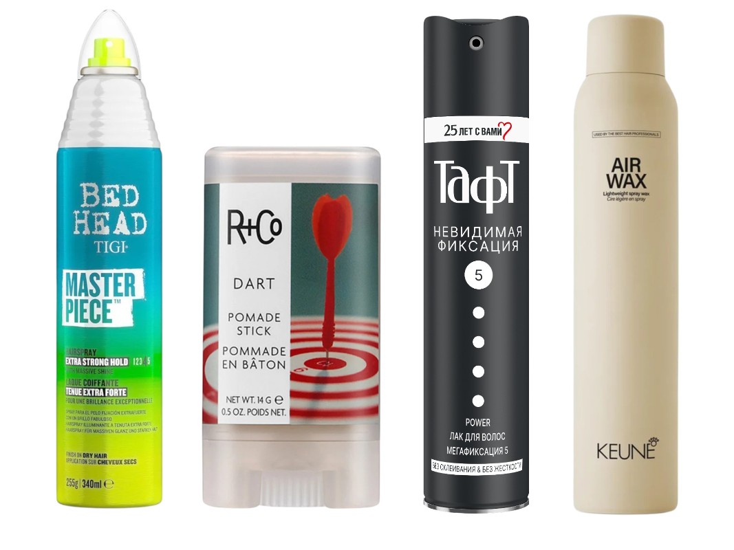 Фото: архивы пресс-служб. Лак для блеска и фиксации волос, TIGI Bed Head; Воск-стик средней фиксации Dart Pomade Stick, R+CO; Лак для волос Невидимая Фиксация, ТАФТ; Воск-спрей для волос Air Wax, Keune 