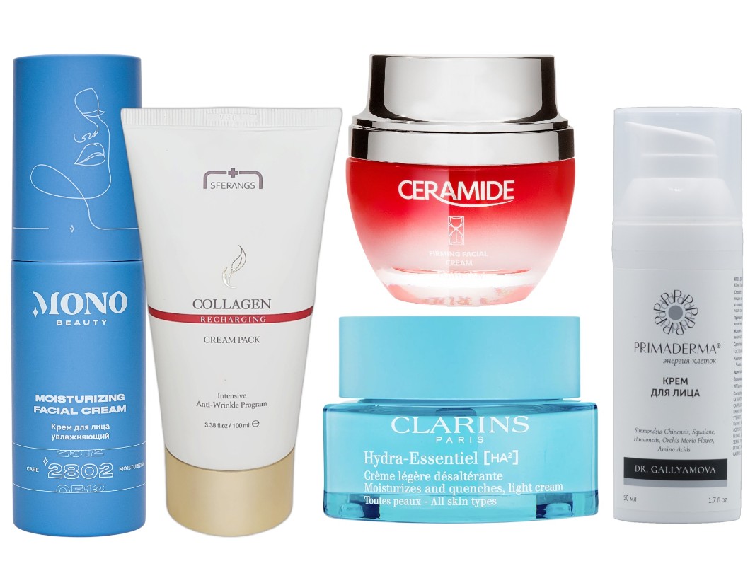 Фото: архивы пресс-служб. Крем для лица увлажняющий, MONO beauty; Увлажняющий крем Collagen Recharging, Sferangs; Питательный крем для лица с церамидами Ceramide Firming, FarmStay; Увлажняющий дневной крем с легкой текстурой для любого типа кожи HYDRA-ESSENTIEL, Clarins; Крем для лица увлажняющий, PRIMADERMA