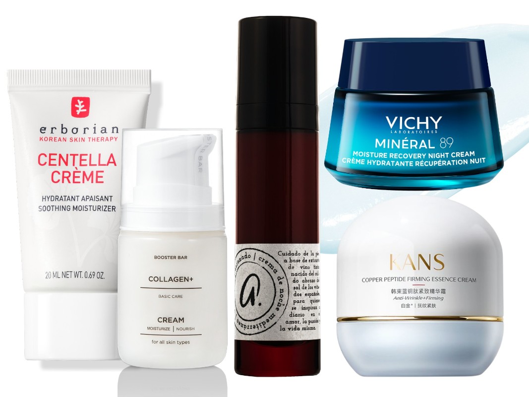 Фото: архивы пресс-служб. Увлажняющий крем Центелла, Erborian; Крем Collagen+ с фосфолипидами лецитина, Booster Bar; Крем для лица ночной, Apasionado; Ночной восстанавливающий увлажняющий крем для лица Mineral 89, Vichy; Лифтинг-крем для лица с пептидом меди, KANS