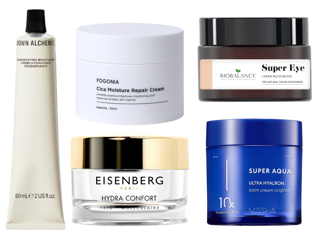 Фото: архивы пресс-служб. Регенерирующий дневной крем для лица "Полипептид, рамбутан и белый чай", Grown Alchemist; Увлажняющий и восстанавливающий крем с центеллой, Pogonia; Увлажняющий подтягивающий крем Hydra Confort, Eisenberg; Увлажняющий крем для кожи вокруг глаз COLLAGEN 3% & HYALURONIC ACID 1,5% & VITAMIN C 0,5%, BIOBALANCE; Увлажняющий крем для лица, MISSHA