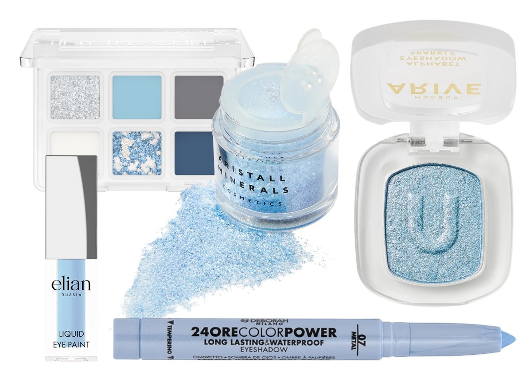 Фото: архивы пресс-служб. Палетка теней для век Tiny Treasures, Catrice; Кремовые тени 74 Improvise, Elian Russia; Тени Alphabet eyeshadow U, Arive Makeup; Минеральный пигмент для макияжа глаз и губ, Небесный мерцающий, Kristall Minerals Cosmetics; Тени-карандаш для глаз, 07 Светло-голубой, DEBORAH MILANO 