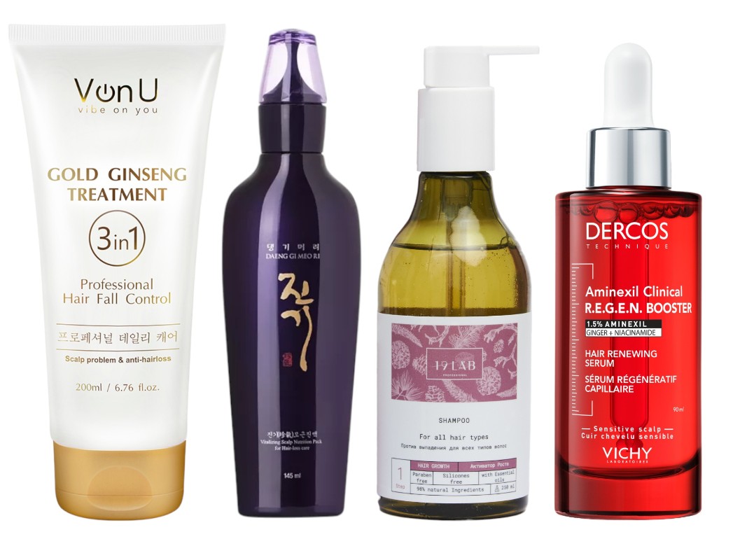 Фото: архивы пресс-служб. Уход для волос и кожи головы против выпадения с женьшенем, VonU; Средство против выпадения волос восстанавливающее, DAENG GI MEO RI; Шампунь