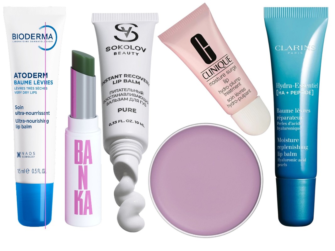 Фото: архивы пресс-служб. Бальзам для губ Atoderm, Bioderma; Увлажняющая помада-тинт FANTOMAZ, SUPERBANKA; Бальзам для губ питательный INSTANT RECOVERY, SOKOLOV BEAUTY; Увлажняющий бальзам для губ Moisture Surge, Clinique; Бальзам для гул Lavender, Sergey Naumov; Увлажняющий и восстанавливающий бальзам для губ, Clarins 