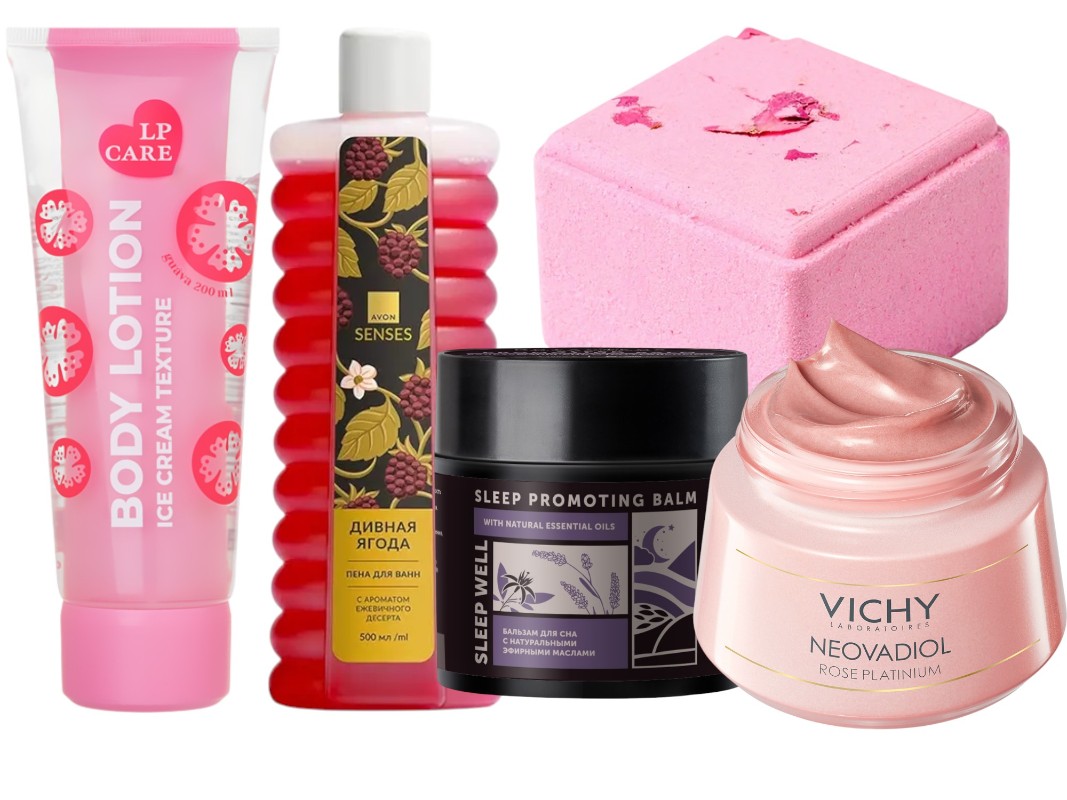 Фото: архивы пресс-служб. Двойной лосьон для тела Гуава, LP CARE; Пена для ванн Дивная ягода, Avon; Бальзам для сна SLEEP WELL с эфирными маслами, Botavikos; Бурлящая смесь для ванн Rose &Peony, Casa Leggera; Дневной крем для лица Neovadiol Platinum Rose, Vichy