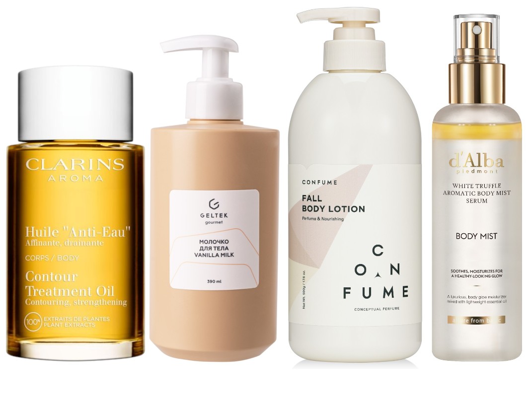 Фото: архивы пресс-служб. Тонизирующее масло для тела Tonic, Clarins; Молочко для тела Vanilla Milk, Geltek; Парфюмированный лосьон для тела Fall Perfume Nourishing Body Lotion, Confume; Спрей-сыворотка для тела White Truffle Aromatic Body Mist Serum, d'Alba