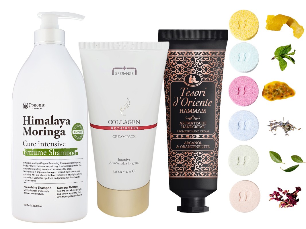 Фото: архивы пресс-служб. Парфюмированный шампунь Bitter Mandarin с маслом моринги, Pogonia; Крем-маска Collagen Recharging Pack, Sferangs; Крем для рук увлажняющий парфюмированный Хаммам, Tesori d’Oriente; Ароматические таблетки для душа Aroma Collection, Second Shower