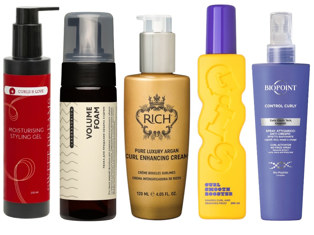 Фото: архивы пресс-служб. Гель для укладки кудрявых и волнистых волос средне-сильной фиксации, Curls&love; Пенка для придания объема кудрям, Laboratorium; Крем для вьющихся волос Argan Curl Enhancing, RICH; Бустер для кудрявых и вьющихся волос, GIS; Несмываемый спрей Контроль кудрявых волос CONTROL CURLY, BIOPOINT PERSONAL