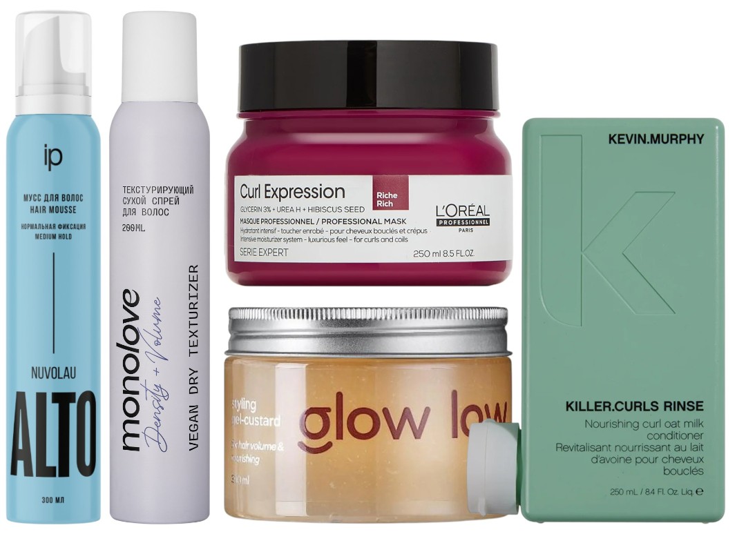 Фото: архивы пресс-служб. Мусс для волос средней фиксации ALTO NUVOLAU, Impression Professional; Текстурирующий сухой спрей для волос VEGAN, monolove; Интенсивно увлажняющая маска для кудрявых волос Curl Expression Rich, LOreal professionnel; Гель-кастард для укладки волос for hair volume and nourishing, Glow Law; Бальзам для вьющихся волос KILLER.CURLS RINSE, KEVIN.MURPHY