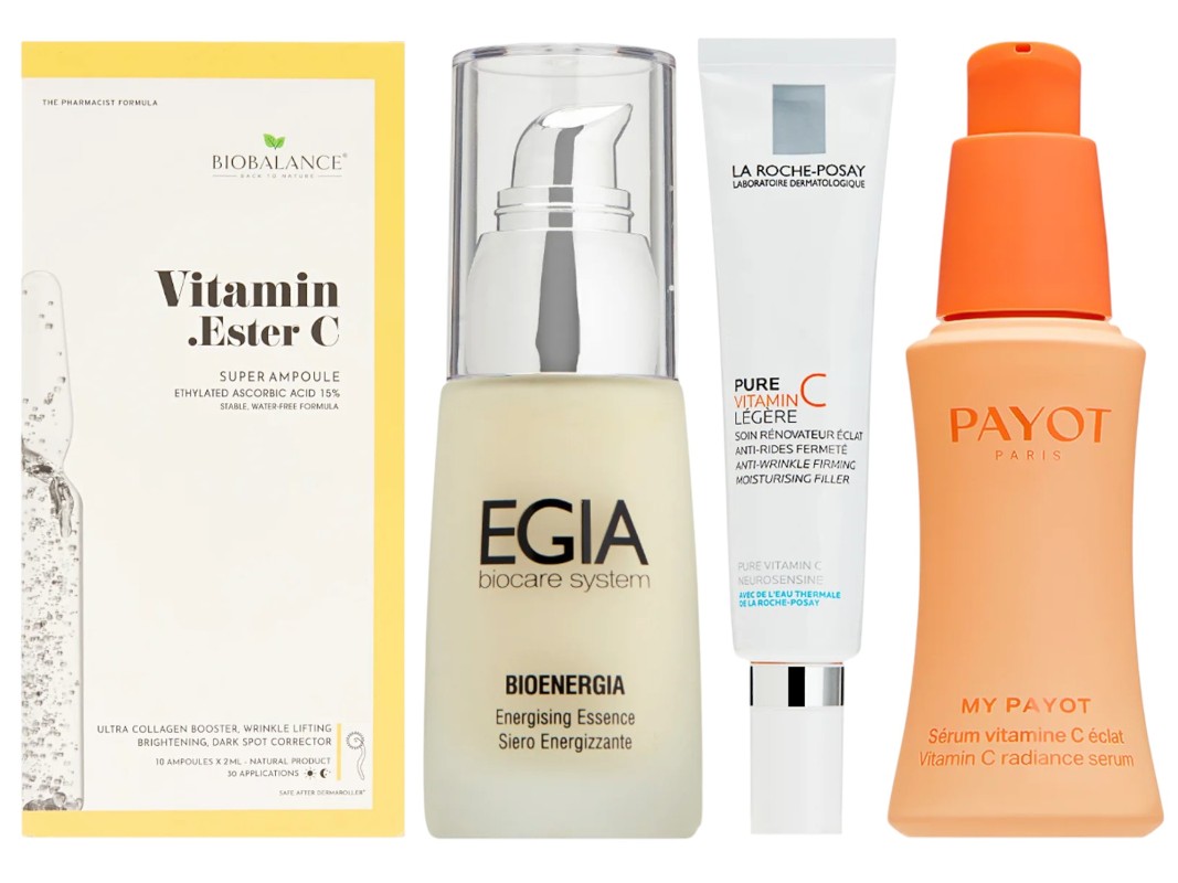 Фото: архивы пресс-служб. Ампулы для сияния кожи с витамином С, BIOBALANCE; Сыворотка с витамином С biocare system Energising Essence, EGIA; Крем-филлер для заполнения морщин для нормальной и комбинированной кожи PURE VITAMIN C LIGHT, La Roche-Posay; Сыворотка для лица Sérum Vitamine C éclat, PAYOT