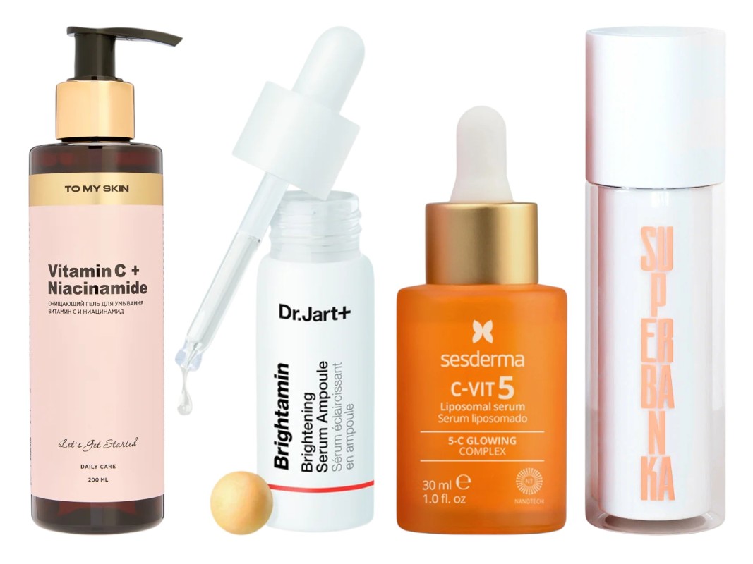 Фото: архивы пресс-служб. Гель для лица Vitamin c, niacinamide, To my skin; Сыворотка для лица Ниацинамид и витамин С, Dr.Jart+; Сыворотка липосомальная C-VIT 5, Sesderma; Сыворотка для лица LITTLE MISS SUNSHINE с витамином C и трипептидом меди, SUPERBANKA
