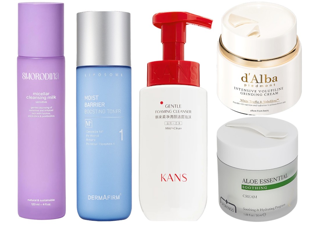 Фото: архивы пресс-служб. Мицеллярное молочко для очищения чувствительной кожи с лизатами, пребиотиками и постбиотиками, SMORODINA; Интенсивно увлажняющий тонер с церамидами Moist Barrier Boosting Toner, Dermafirm; Нежная очищающая пенка для лица GENTLE, KANS; Крем для лица Intensive Volufiline Grinding Cream c с коллагеном и ниацинамидом, d'Alba; Восстанавливающий крем Aloe Essential Soothing Cream, Sferangs