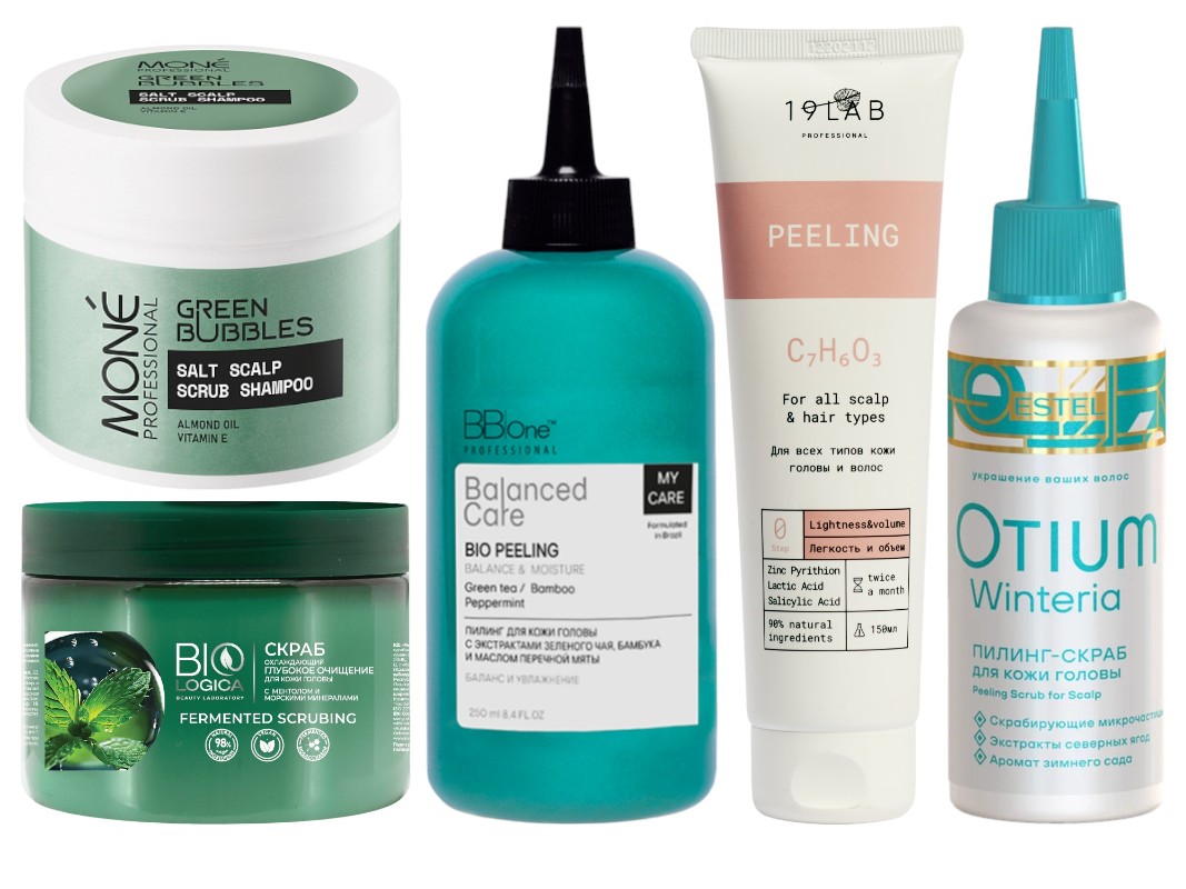 Фото: архивы пресс-служб. Деликатный шампунь-скраб Salt scalp scrub shampoo, MONÉ Professional; Скраб для кожи головы Fermented scrubbing, BIOLOGICA; Пилинг Balanced Care Bio Peeling Balance & Moisture, BB|One; Пилинг &#34;Легкость и объем&#34;, 19Lab; Пилинг-скраб для кожи головы OTIUM WINTERIA, ESTEL