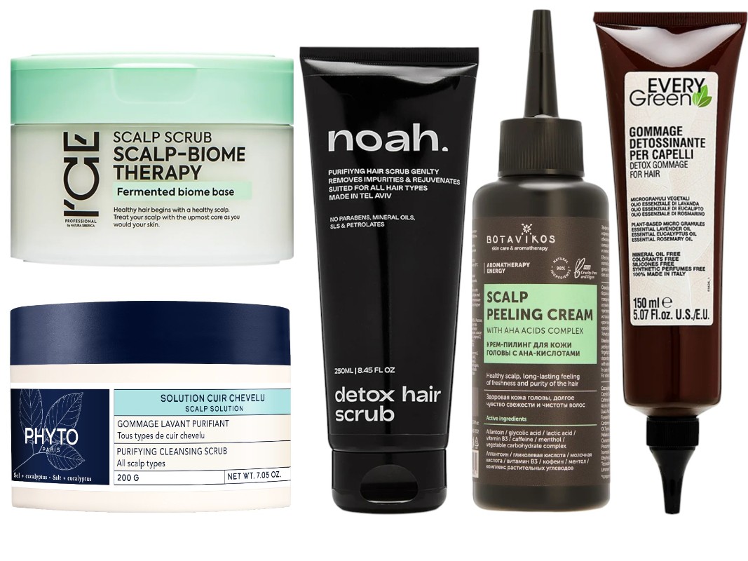 Фото: архивы пресс-служб. Cкраб для кожи головы SCALP-BIOME THERAPY, ICE by Natura Siberica; Очищающий скраб для кожи головы с маслом эвкалипта Scalp Solution, Phyto; Освежающий детокс скраб для волос Refreshing Detox, Noah; Пилинг для кожи головы с комплексом кислот, Botavikos; Детокс-гоммаж для кожи головы, DIKSON EveryGreen